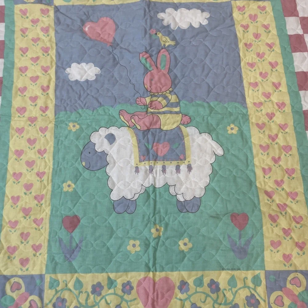 Handmade Carol Eldridge Bunny Riding Lamb Baby Quilt Vintage Nursery Blanket